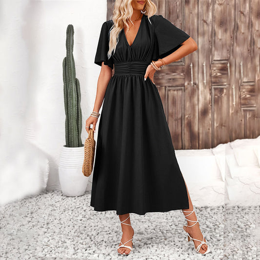 EMMIE | Elegante Zwarte Maxi Jurk met V-Hals en Korte Mouwen – Perfect voor Zomer & Strand