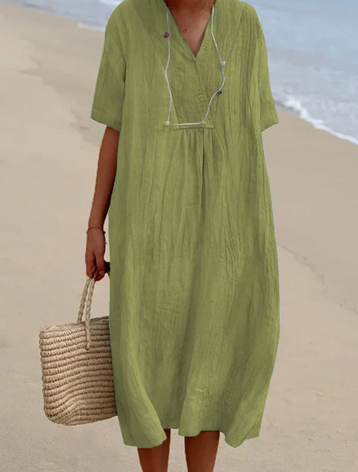 POLIEN | Luchtige Linnenlook Strandjurk Dames – Korte Mouwen & Losvallend Model