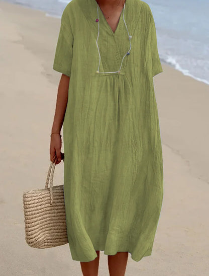 POLIEN | Luchtige Linnenlook Strandjurk Dames – Korte Mouwen & Losvallend Model