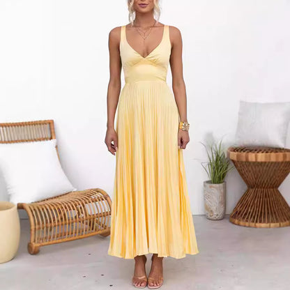 HANNE | Elegante Gele Plissé Maxi Jurk - Zomerjurk Dames