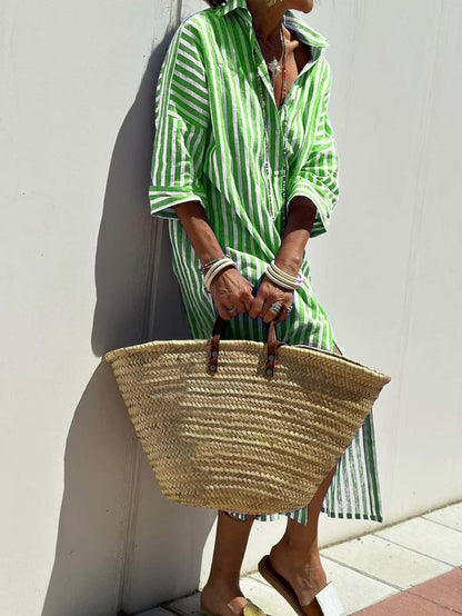 LINNE | Gestreepte Oversized Shirtjurk – Zomerse Damesjurk met Knoopsluiting en Split