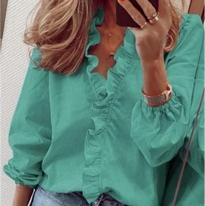SILVIE | Ruffle V-Hals Top – Elegantie met een Speelse Twist