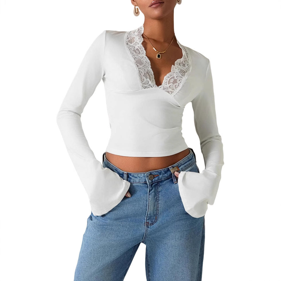 LIVIA | Top met Kant – Sexy V-Hals Longsleeve met Flared Mouwen