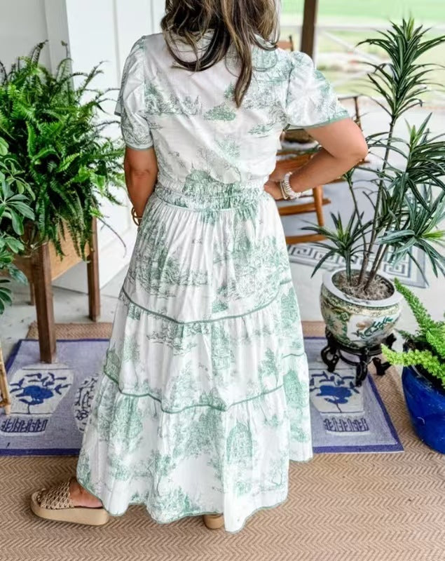 KAROLINA | Katoenen Doorknoopjurk met Vintage Print – Kraag & Korte Mouw