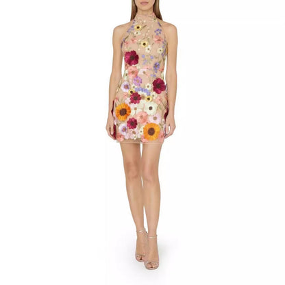 IZIA | Bloemen Mini Jurk met Hoge Hals – Luxe Zomerjurk met 3D Bloemenprint voor Dames