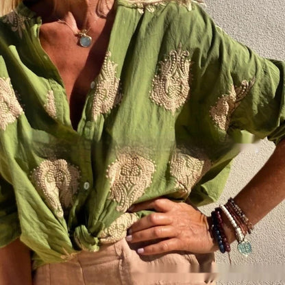 VIKTORIA | Boho Blouse met Goudborduursel – Luchtig & Chic