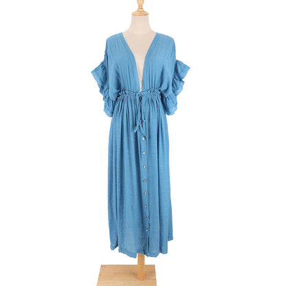 DANIELLE | Boho Maxi Jurk met Knoopsluiting – Roesjes & V-Hals