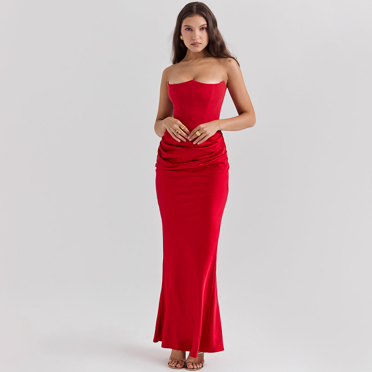 DIANA | Satijnen Strapless Avondjurk in Lichtroze – Corset Top & Drapé Details