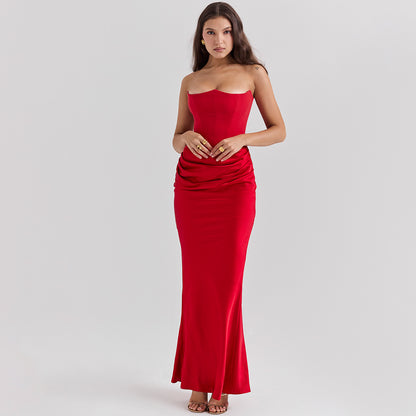 DIANA | Satijnen Strapless Avondjurk in Lichtroze – Corset Top & Drapé Details