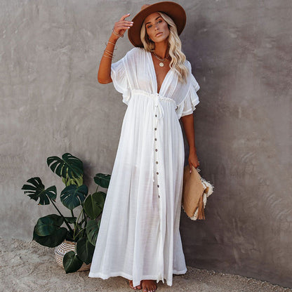 DANIELLE | Boho Maxi Jurk met Knoopsluiting – Roesjes & V-Hals