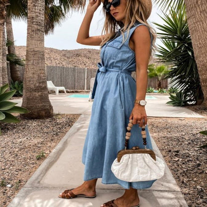 LOENA | Mouwloze Denim Jurk Dames met Strikceintuur – Katoenen Spijkerjurk
