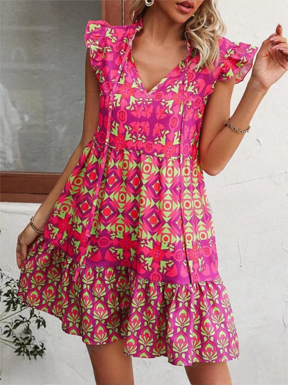 LAURIEN | Fuchsia Boho Zomerjurk – Kleurrijke Printjurk met Ruches