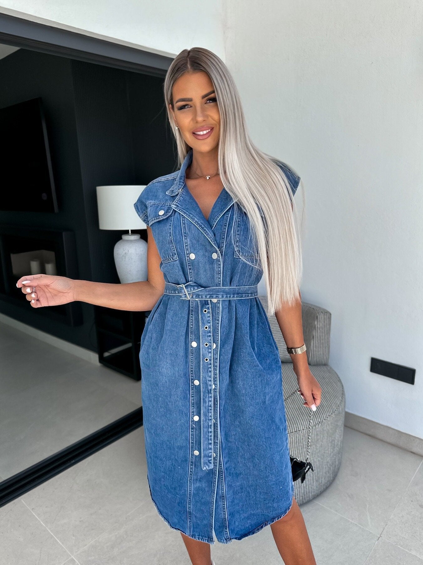 MOUNIA | Mouwloze Denim Jurk Dames met Knoopsluiting en Ceintuur – Katoenen Spijkerjurk