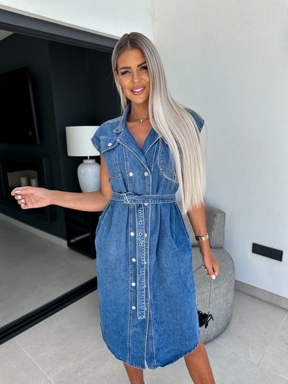 MOUNIA | Mouwloze Denim Jurk Dames met Knoopsluiting en Ceintuur – Katoenen Spijkerjurk