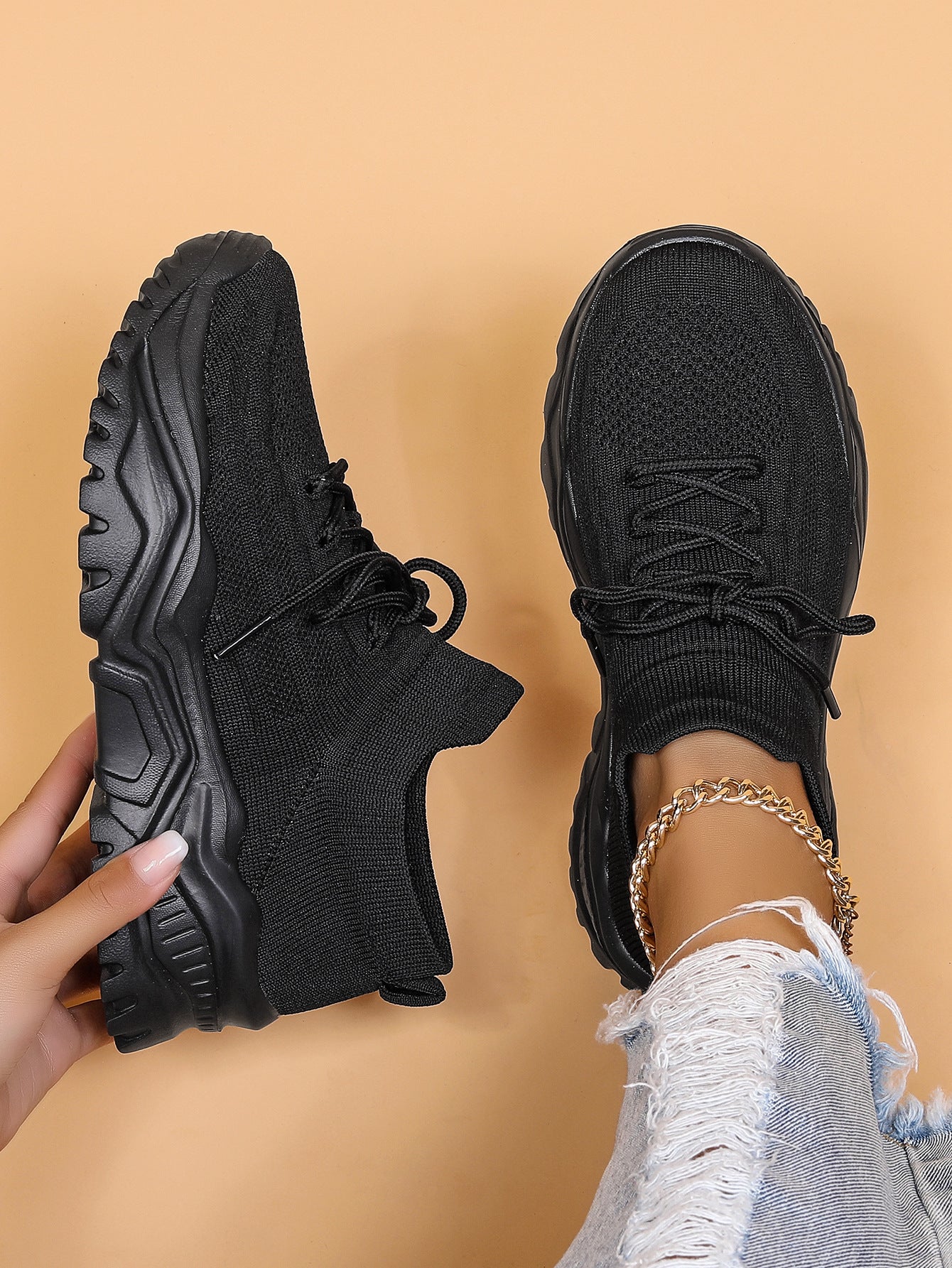 CLAUDINE | Chunky Sneakers Dames met Knit Detail – Comfortabele Urban Schoenen