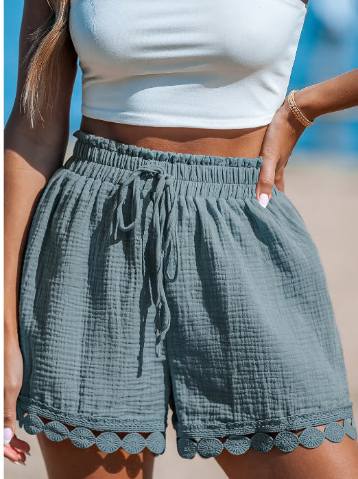 DIDE | Katoenen Short met Kanten Afwerking – Zomershort Dames met Strikband