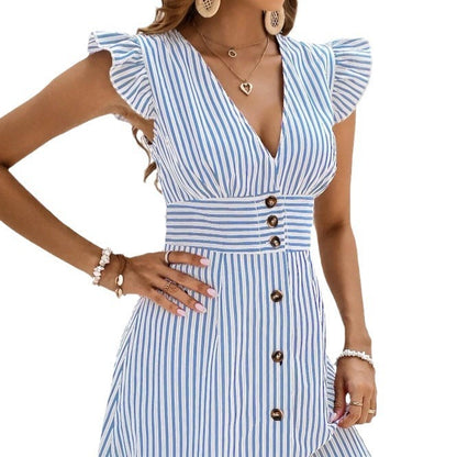 DOUTZEN | Zomerjurk met Streepprint & Knoopsluiting – Blauwwit, V-hals, Mouwloos & Elegante Pasvorm