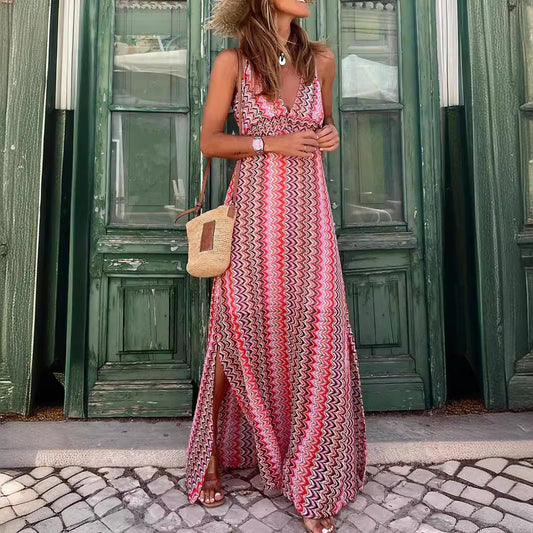 MAURA | Zigzag Maxi Jurk Dames – Zomerse Lange Jurk met V-Hals en Split