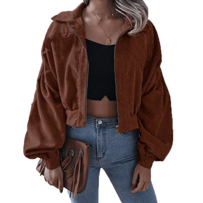 LAMIA | Corduroy Bomberjack Dames – Cropped Jack met Rits en Ballonmouwen