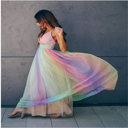 BESS | Regenboog Tule Avondjurk – Speelse Elegantie in Maxi-Lengte