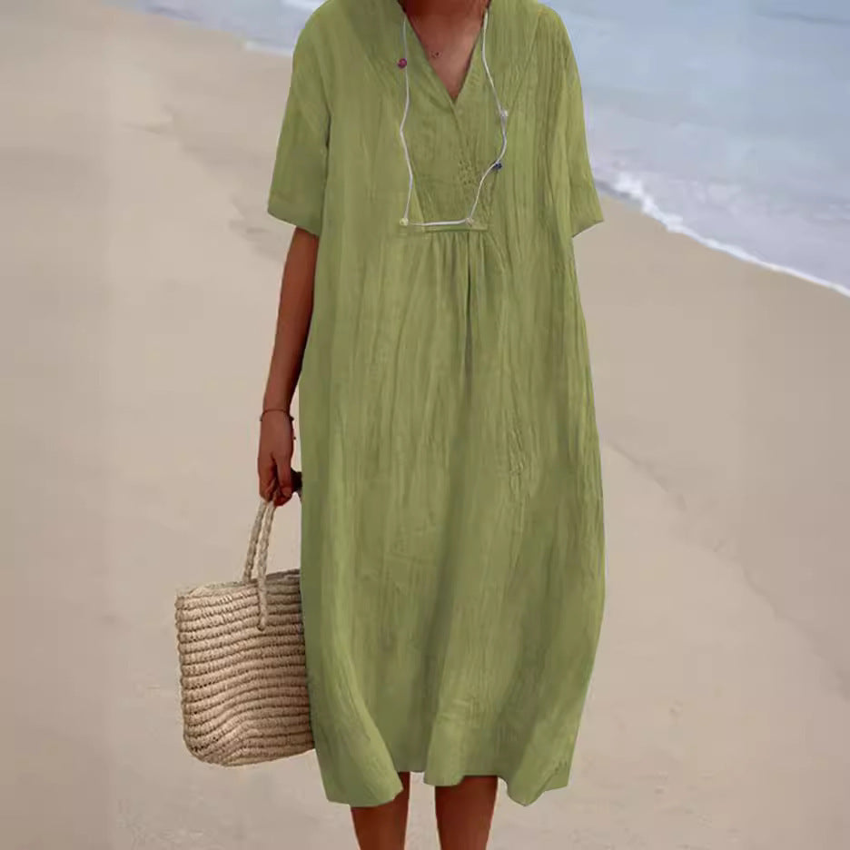 POLIEN | Luchtige Linnenlook Strandjurk Dames – Korte Mouwen & Losvallend Model