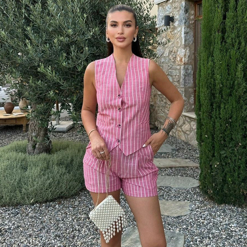 MARIT | Gestreepte Two-Piece Set – Gilet & Short voor Zomerse Elegantie