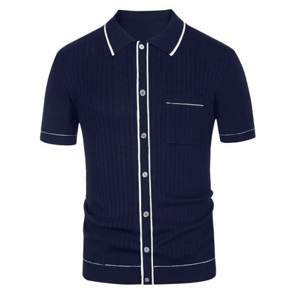 AARON | Gebreide Retro Polo Heren – Korte Mouw Shirt Met Knoopsluiting en Contrastbiezen