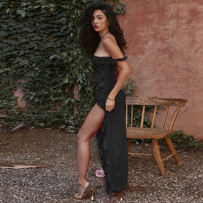 KATY | Ruffle Split Maxi Jurk – Speelse Elegantie met Ruches