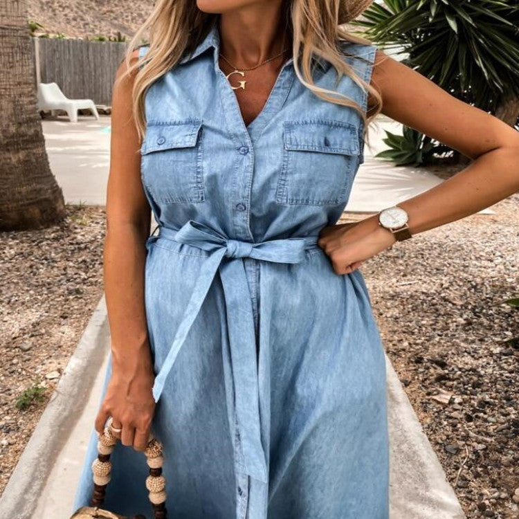 LOENA | Mouwloze Denim Jurk Dames met Strikceintuur – Katoenen Spijkerjurk