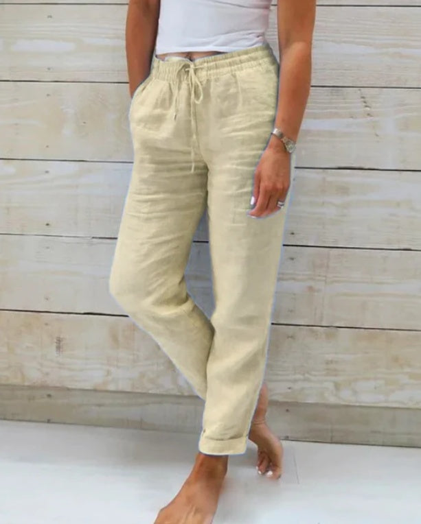 LOT | Dames Linnen Broek  – Luchtige Zomerbroek met Elastische Taille en Steekzakken