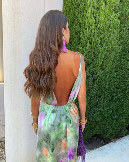 Satijnen Dames Co-ord Jurk met Tie-Dye Print – Off-Shoulder met Open Rug