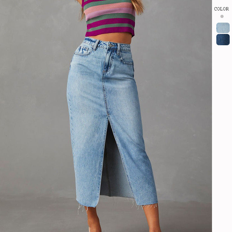 JUTA | Denim Split Rok – High Waist Musthave in Two-Tone Katoen