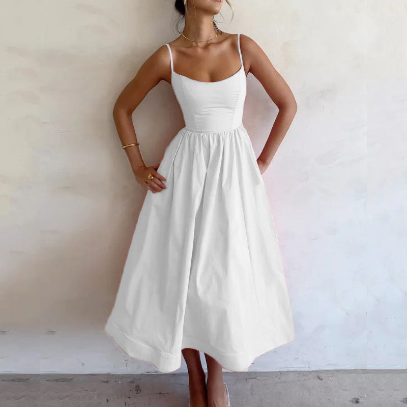 ALISON | Zomerse Midi Jurk Dames – Spaghettibandjes en Wijd Uitlopende Rok