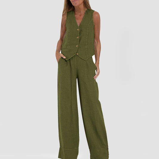 BENTHE | Twee-Delige Linnen Look Set – Gilet met Wijde Broek voor Dames