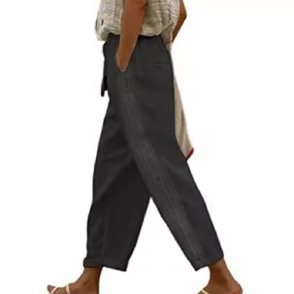 ÉLODIE | Linnen Broek Dames met Blauw Bloemenborduursel – Boho Witte Zomerbroek