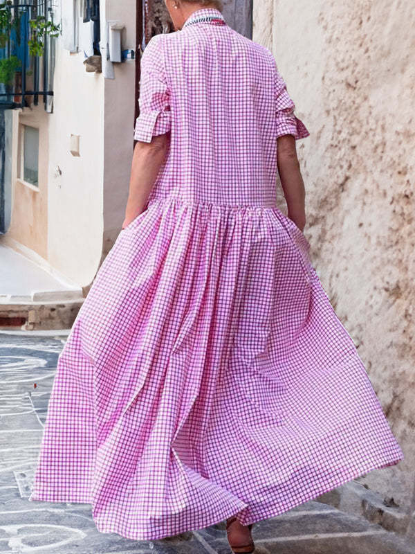 LIZIE | Gingham Maxi Overhemdjurk – Tijdloze Elegantie in Roze, Blauw & Donkergrijs