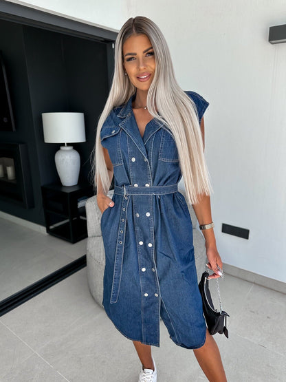 MOUNIA | Mouwloze Denim Jurk Dames met Knoopsluiting en Ceintuur – Katoenen Spijkerjurk
