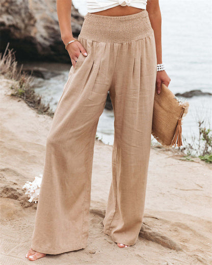 LEONORE | Linnen Look Wide Leg Broek Dames –  Hoge Taille Zomerbroek met Elastische Band