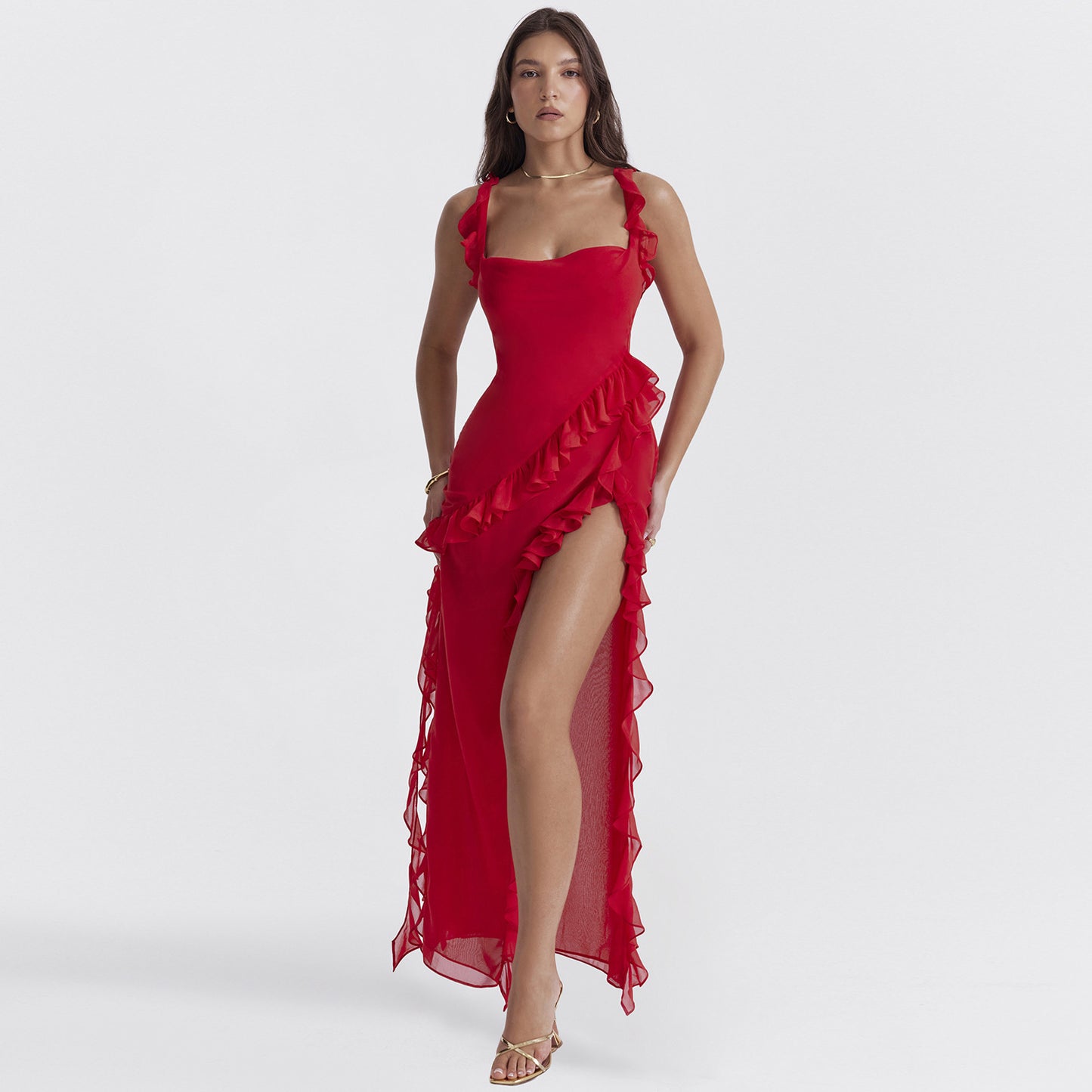 KATY | Ruffle Split Maxi Jurk – Speelse Elegantie met Ruches