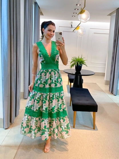 LOLITA | Romantische Gebloemde Maxi Jurk – Zomerse Elegantie in Groene of Witte Tinten