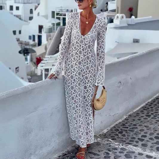 FLORE | Witte Gehaakte Strandjurk Dames – Lange Boho Cover-Up met V-hals