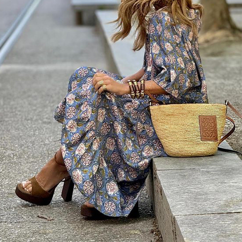 LOANE | Bohemian Maxi Jurk met Vintage Print – Stijlvolle Zomerlook