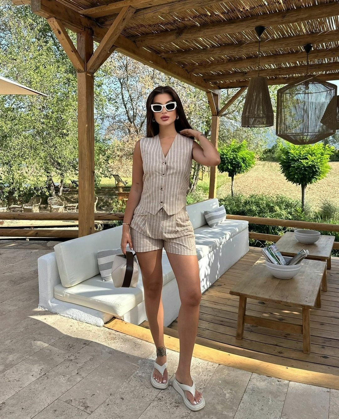 MARIT | Gestreepte Two-Piece Set – Gilet & Short voor Zomerse Elegantie