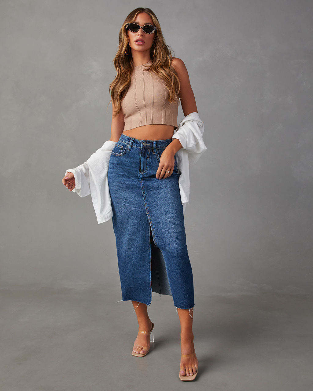 JUTA | Denim Split Rok – High Waist Musthave in Two-Tone Katoen