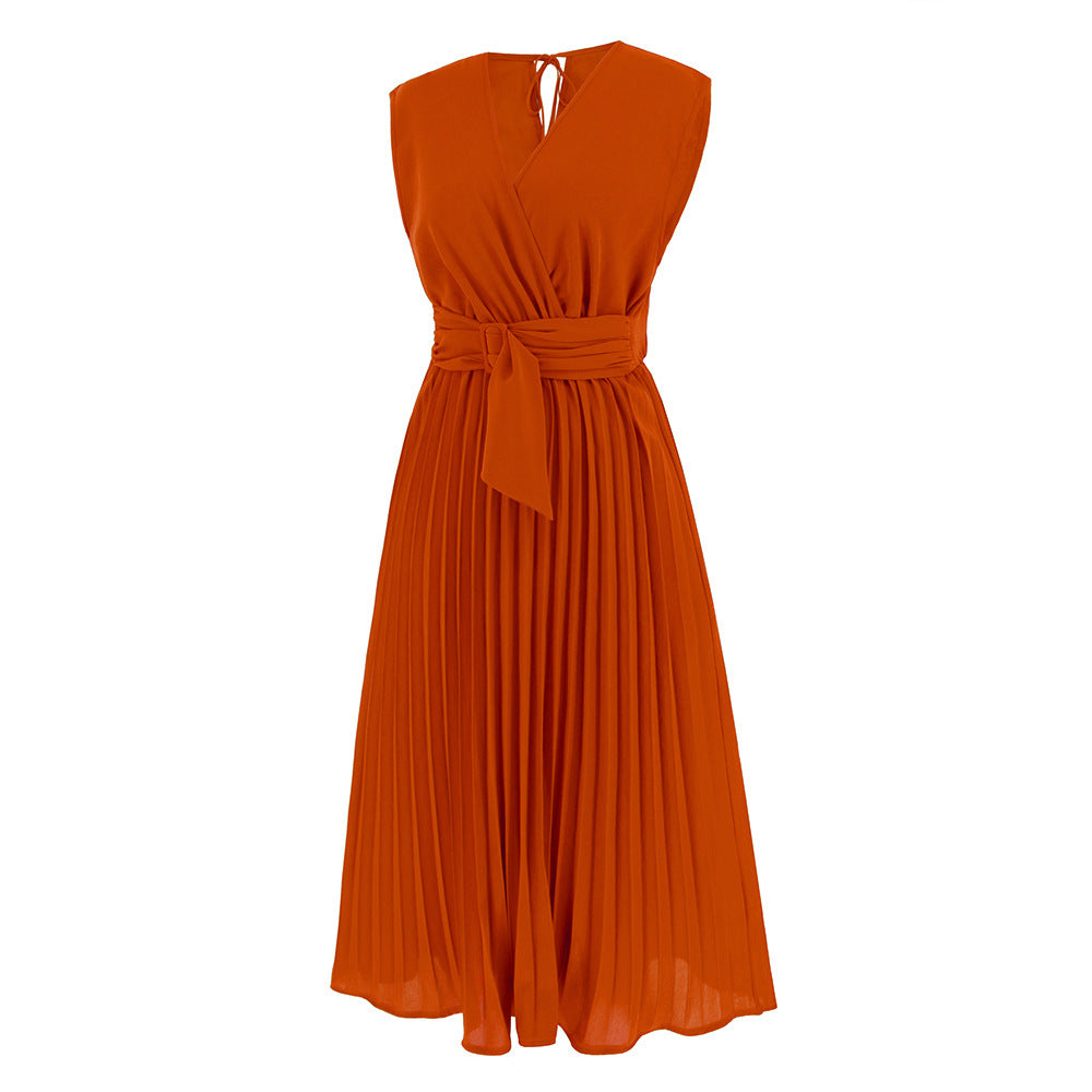 HALINA | Plissé Midi Jurk met V-Hals en Strik –  Meerdere Kleuren