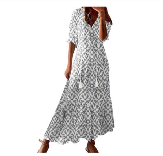 LIESE | Bohemian Maxi Jurk Dames – Zomerjurk met Print, V-Hals en Kwastjes