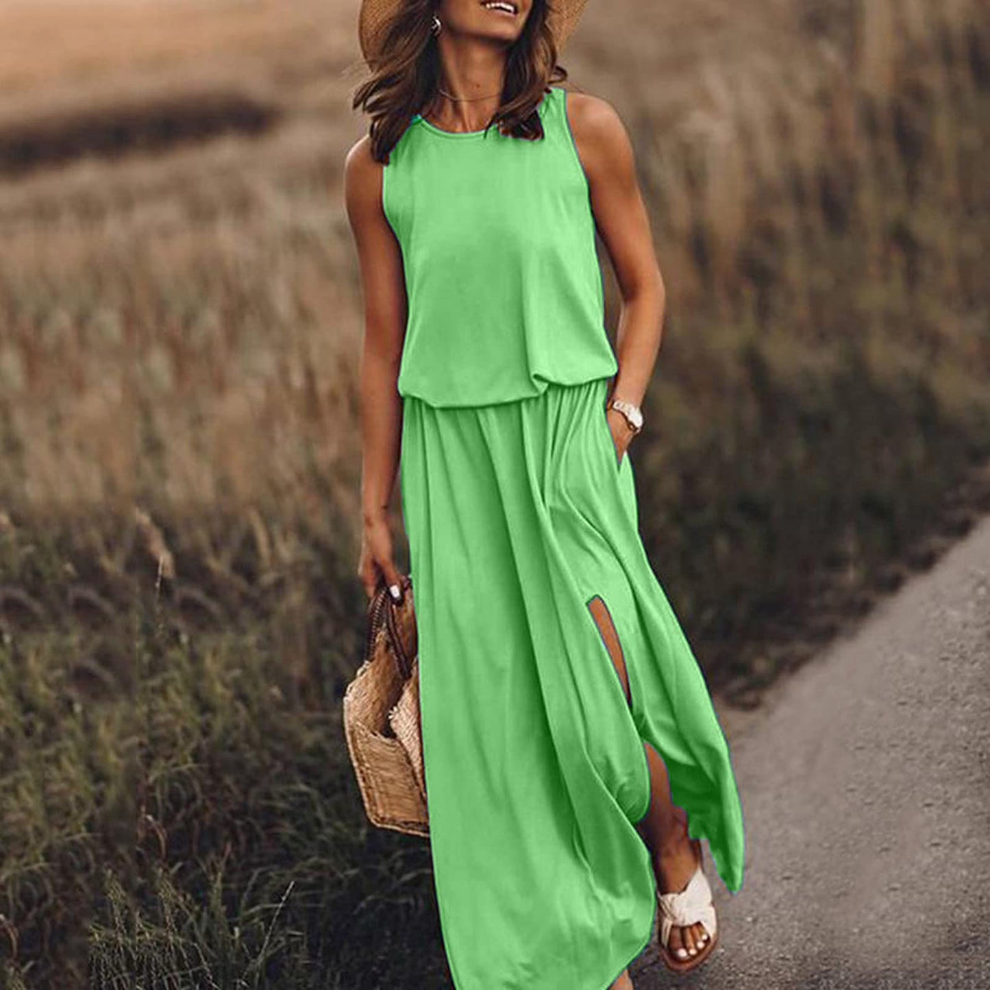 ZENDAYA | Mouwloze Maxi Jurk met Split – Casual Zomerjurk met Pockets