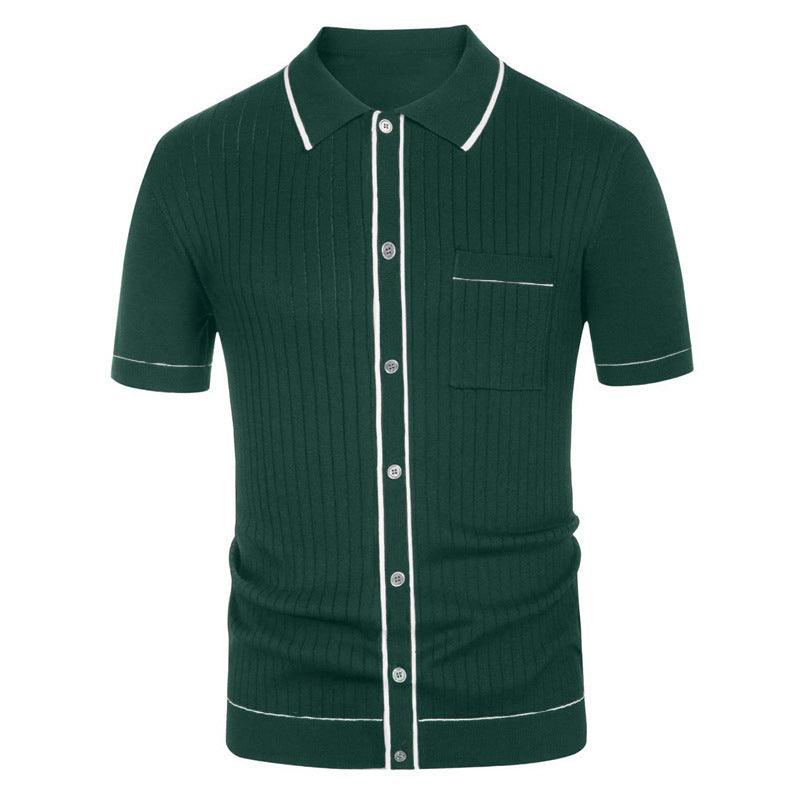 AARON | Gebreide Retro Polo Heren – Korte Mouw Shirt Met Knoopsluiting en Contrastbiezen