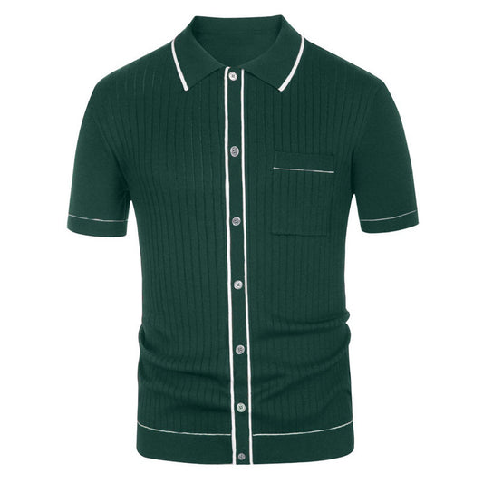 AARON | Gebreide Retro Polo Heren – Korte Mouw Shirt Met Knoopsluiting en Contrastbiezen