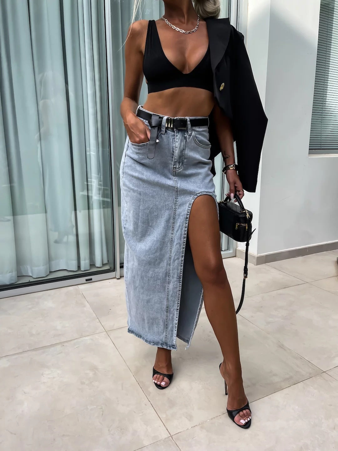 AMELIE | High Slit Denim Rok – Stijlvol & Verleidelijk